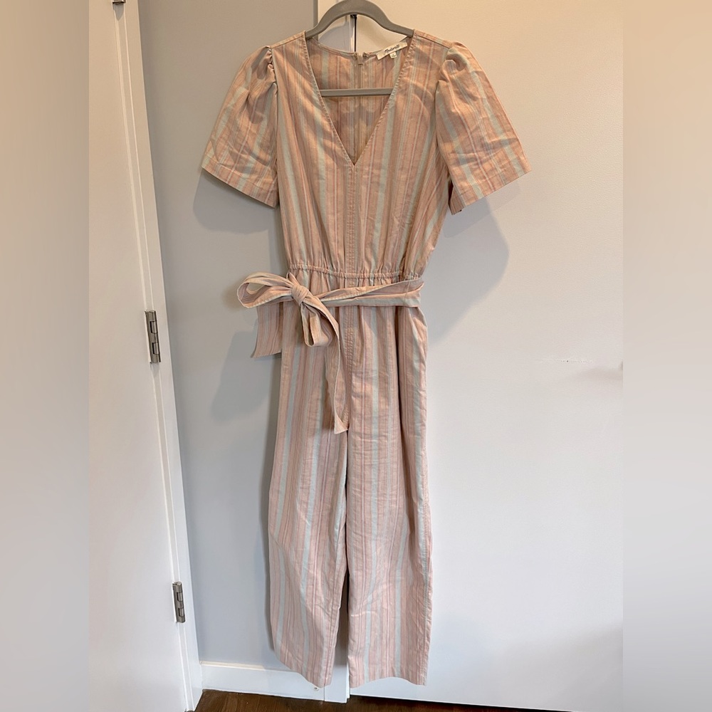Madewell Striped Puff-Sleeved Tapered Jumpsuit